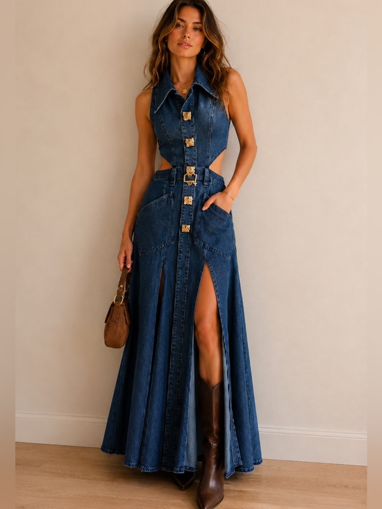 Urban Revivo Dresses & Skirts - Urban Revivo Cutout Denim Maxi Dress XS Dark Wash Sleeveless Belted Statement